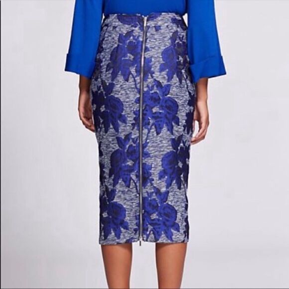 New York & Co Gabrielle Union Pencil Skirt Floral Jacquard Blue 4 Full Zip Back - Picture 5 of 14